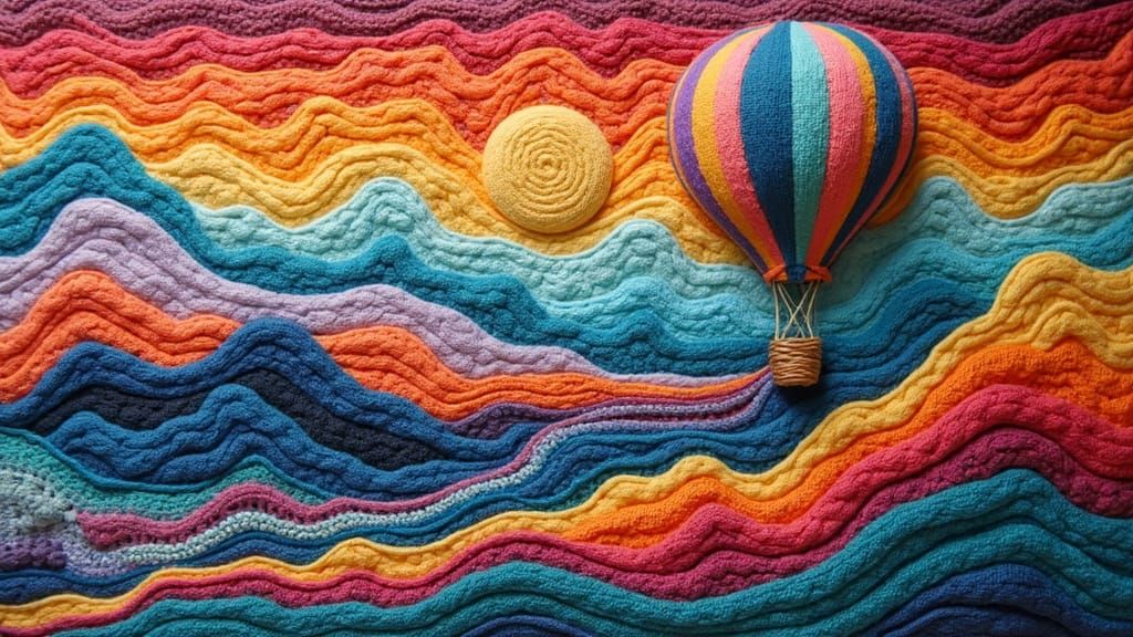 Psychedelic Woven Tapestry of Hot Air Balloon Over Mountains