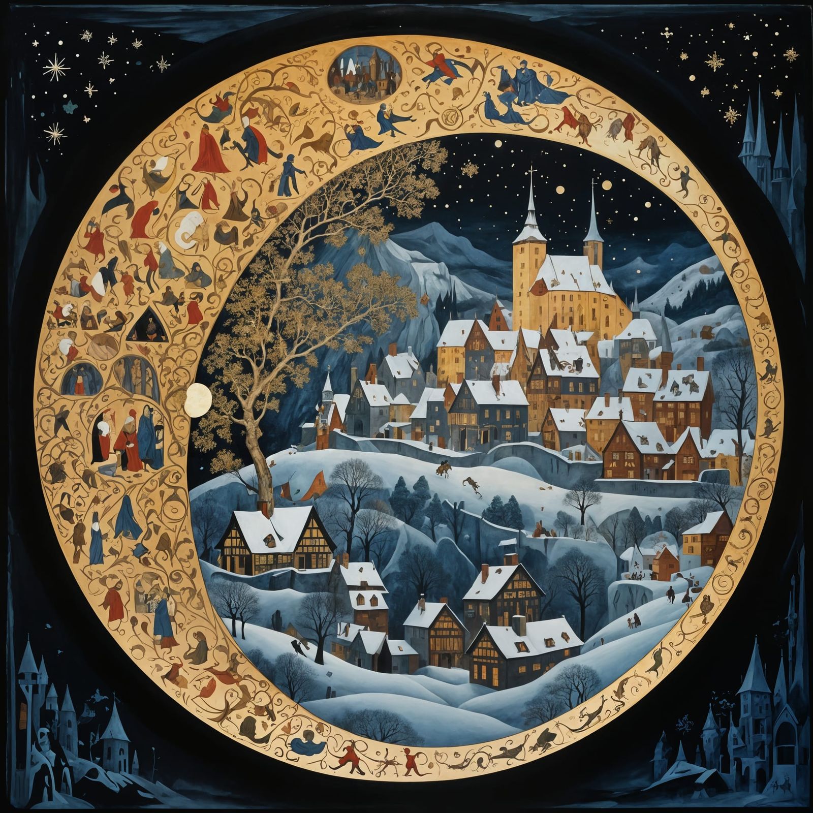 Medieval NYC Scene in Peter Bruegel & Kay Nielsen Style