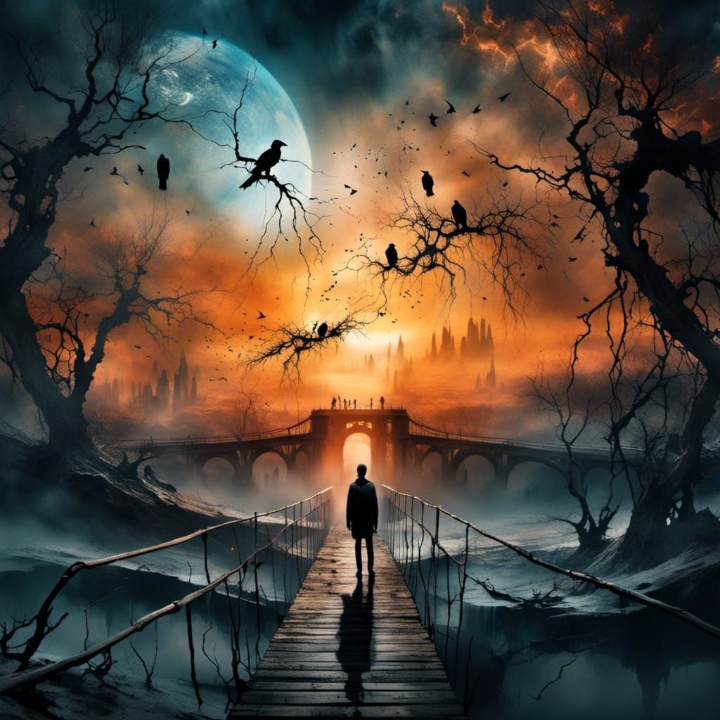 Surreal Cyberpunk Landscape with Fire Sky and Bone Bridge