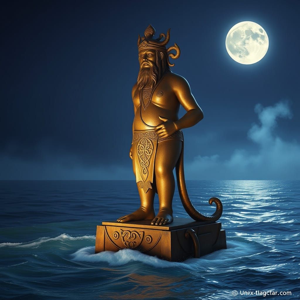 Majestic Bronze Statue on Moonlit Ocean Shore