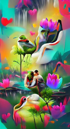 Love Birds and Swans in a Forest Pond