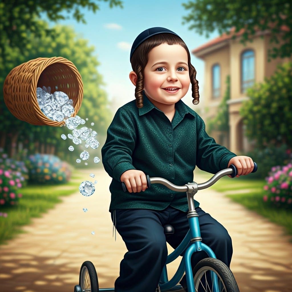 Ultra-Orthodox Jewish Boy in Traditional Attire Riding Bicyc...