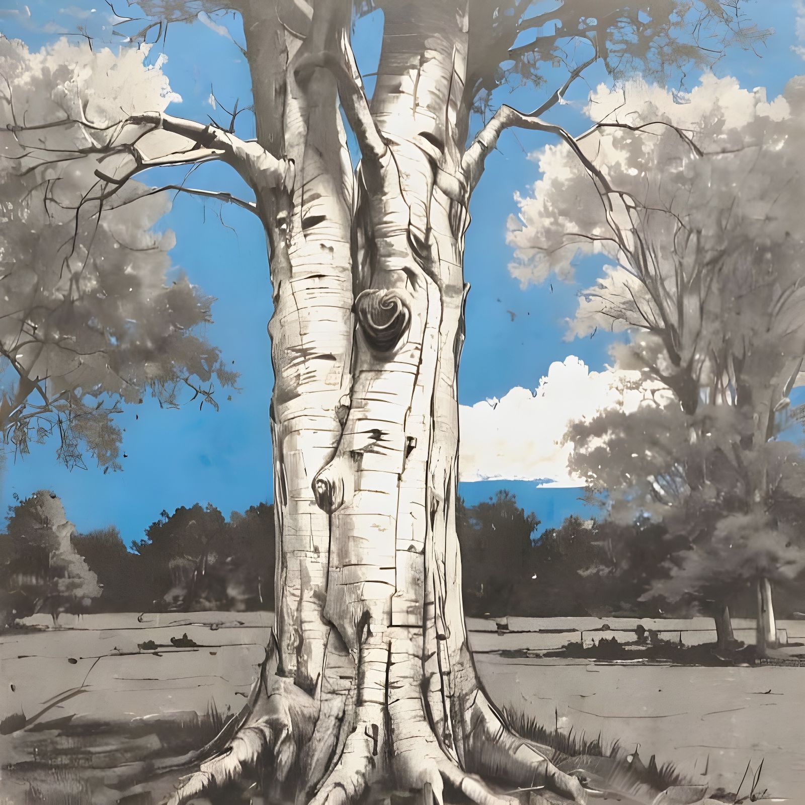 Black and White Tree Silhouette Against a Blue Sky