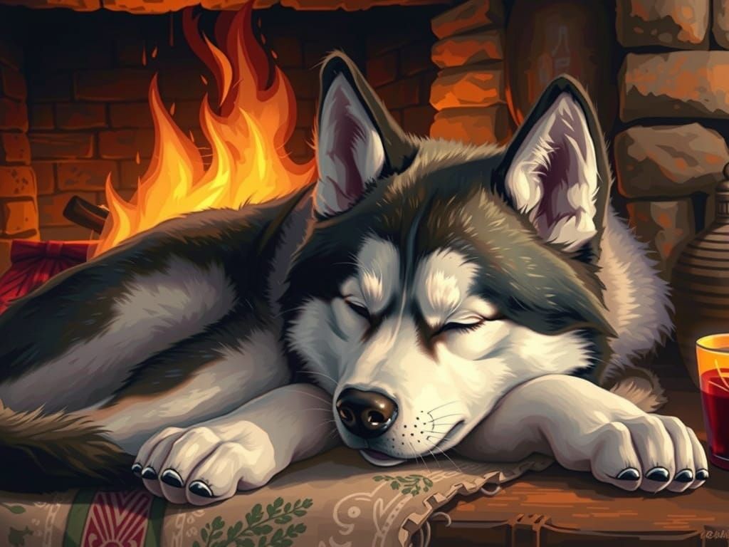 Cozy Husky Puppy Sleeping by Fireplace