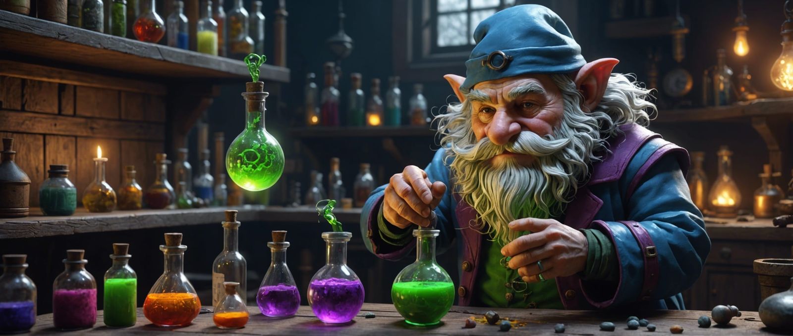 Gnome Mad Scientist in Alchemy Lab, Dark Fantasy