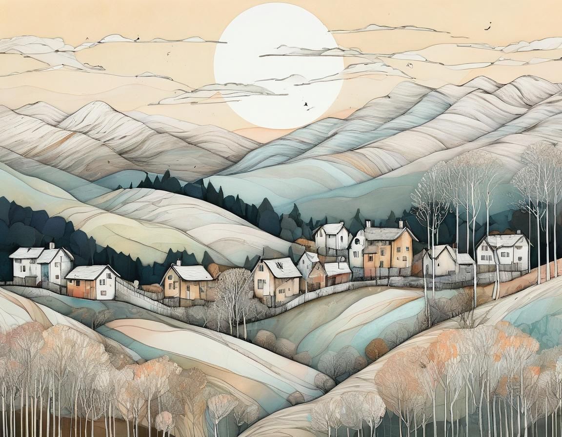 Whimsical Landscape Art of Rolling Hills at Sunset