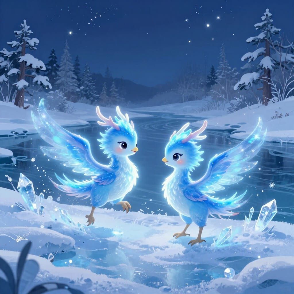 Baby Blue Fire Phoenixes by Frozen River in Winter Night