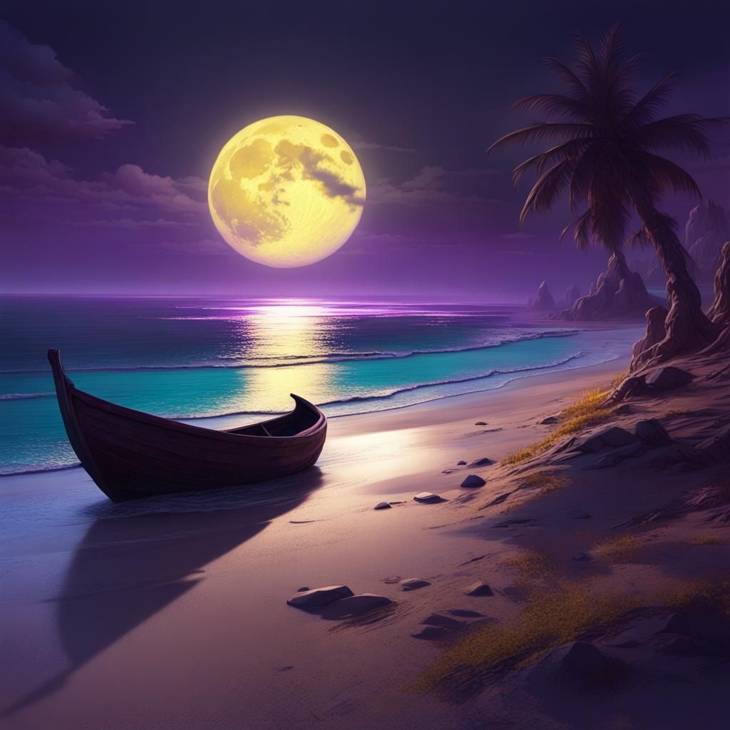 Moonlit Beach Fantasy: Digital Art Masterpiece