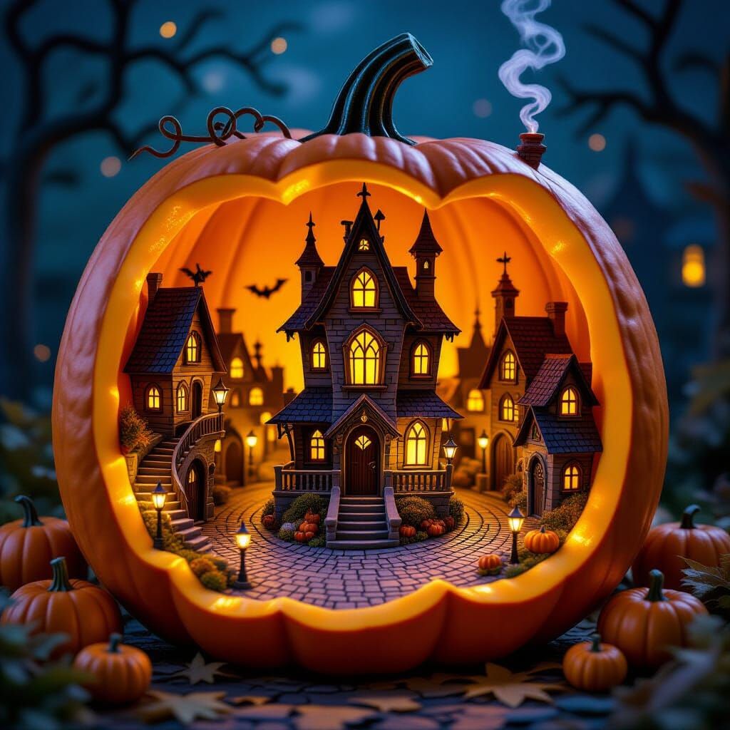 Miniature Halloween City Inside Glowing Pumpkin Diorama