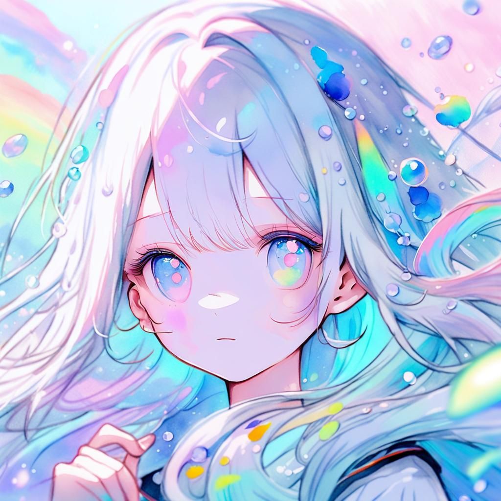 Pastel Portrait of Girl with Rainbow Bubbles