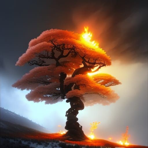 Snow Tree and Fire Tree in Dark Fantasy Style