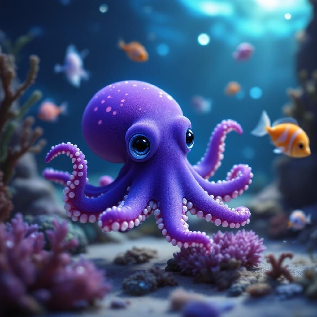 Cute Purple Octopus in Ocean: Fantasy Concept Art