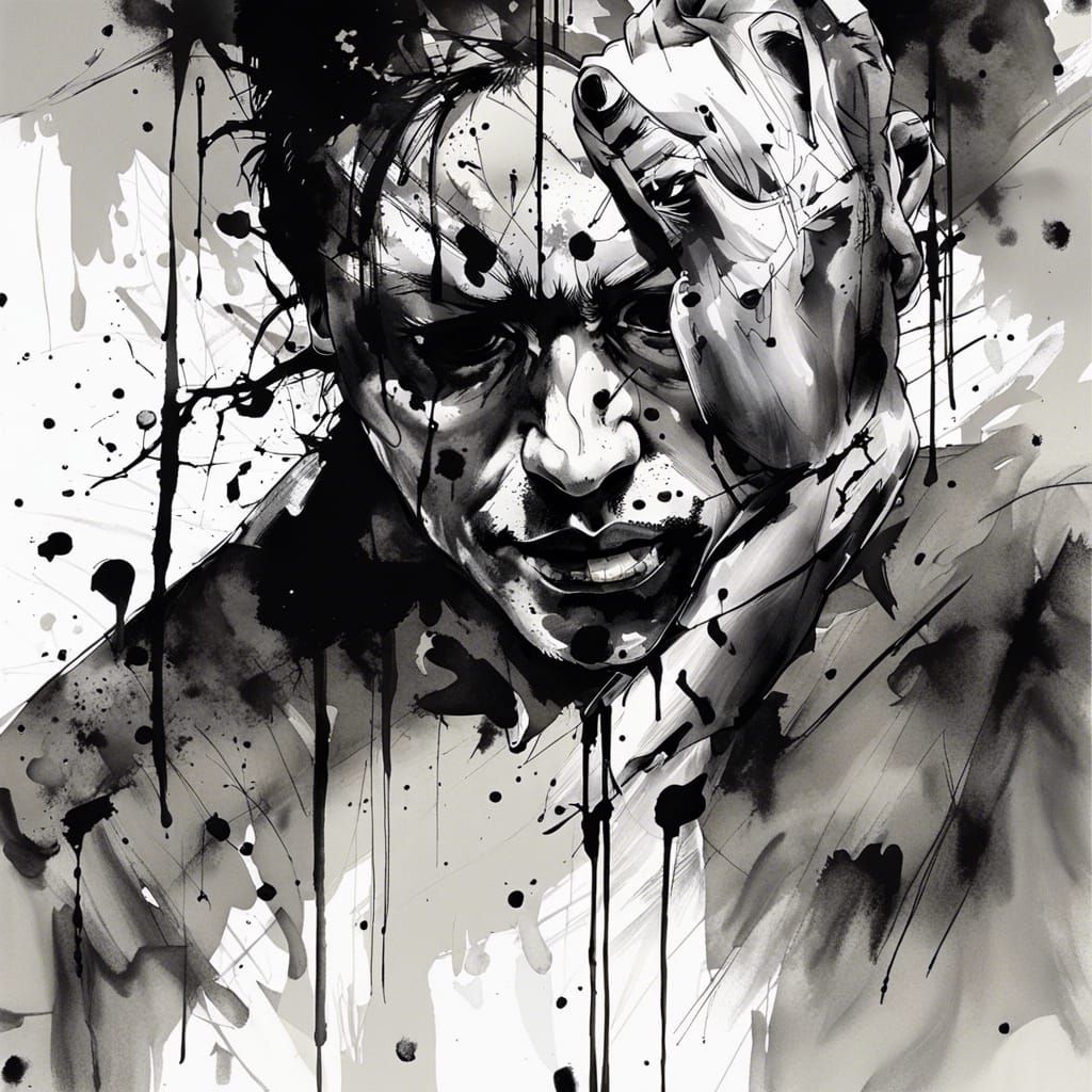 Monochrome Ink Painting of Person in Despair