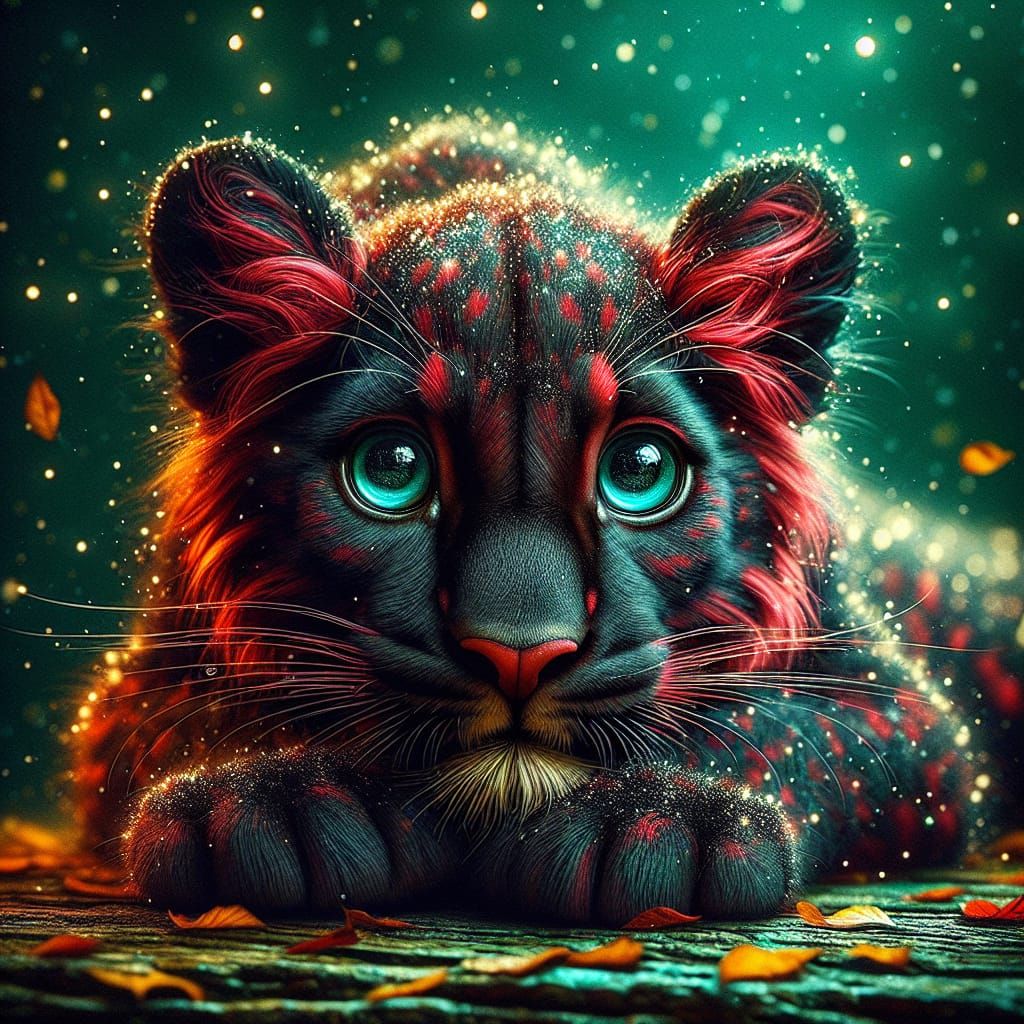 Vermillion Panther with Fireflies in Digital Matte Painting