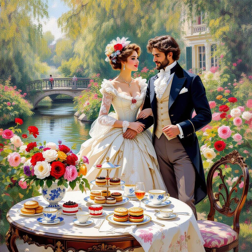 Elegant Couple at Tea Party, Neo-Impressionism