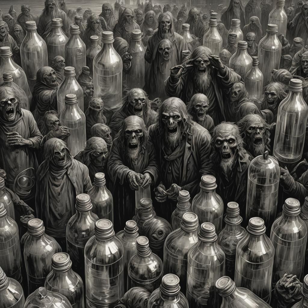 Horrific Water Bottles in Dark Engraving Style