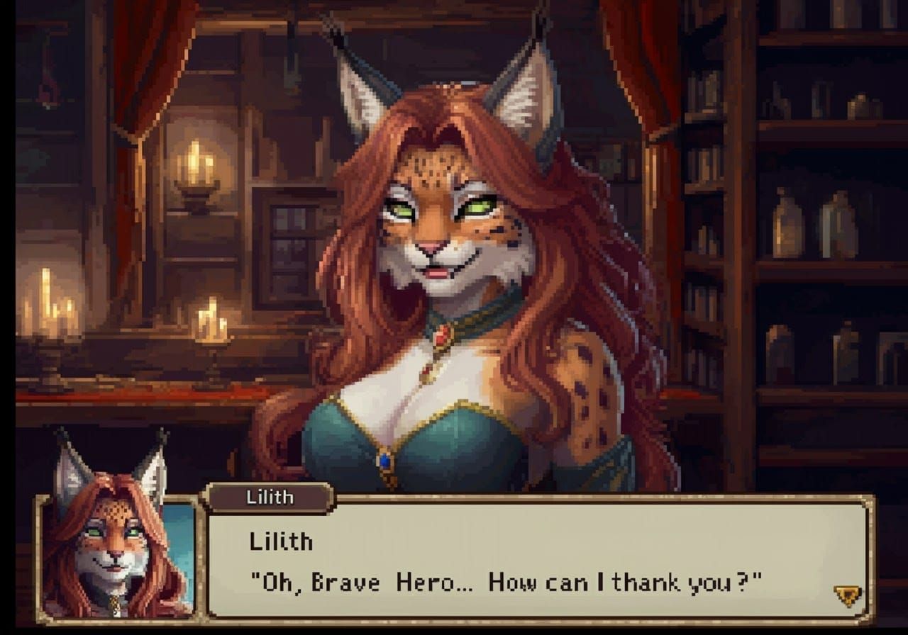 Charming Lynx Bordello Greets Hero: 32-bit Pixel Art