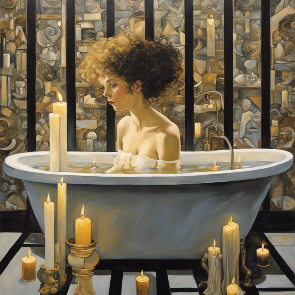 Lady in a bath with candles Gustav Klimt Guido Borelli Steven Belledin art Nouveau brutalism cubism oil painting panoram...
