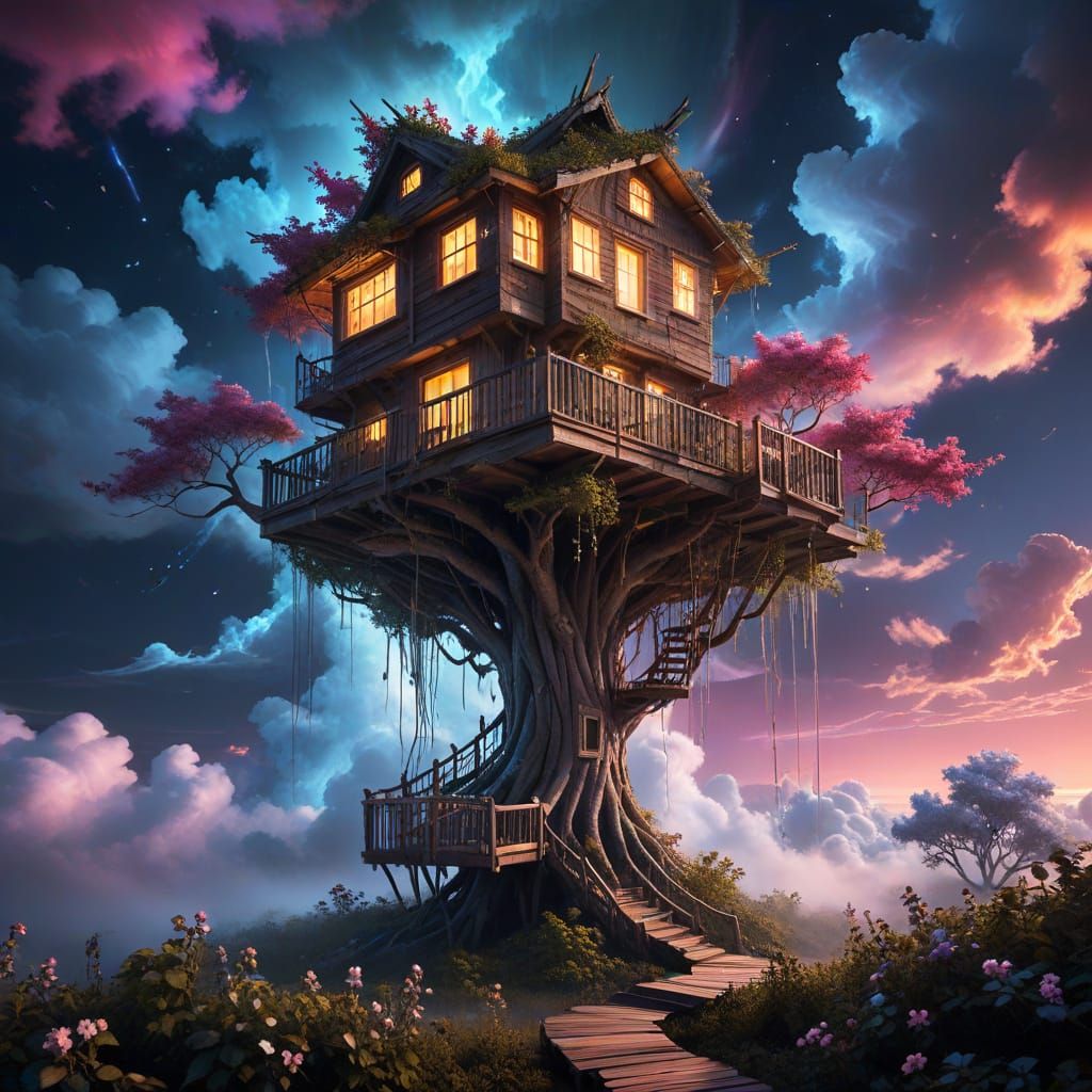 Whimsical Cloudborne Treehouse in Vibrant Neon Hues