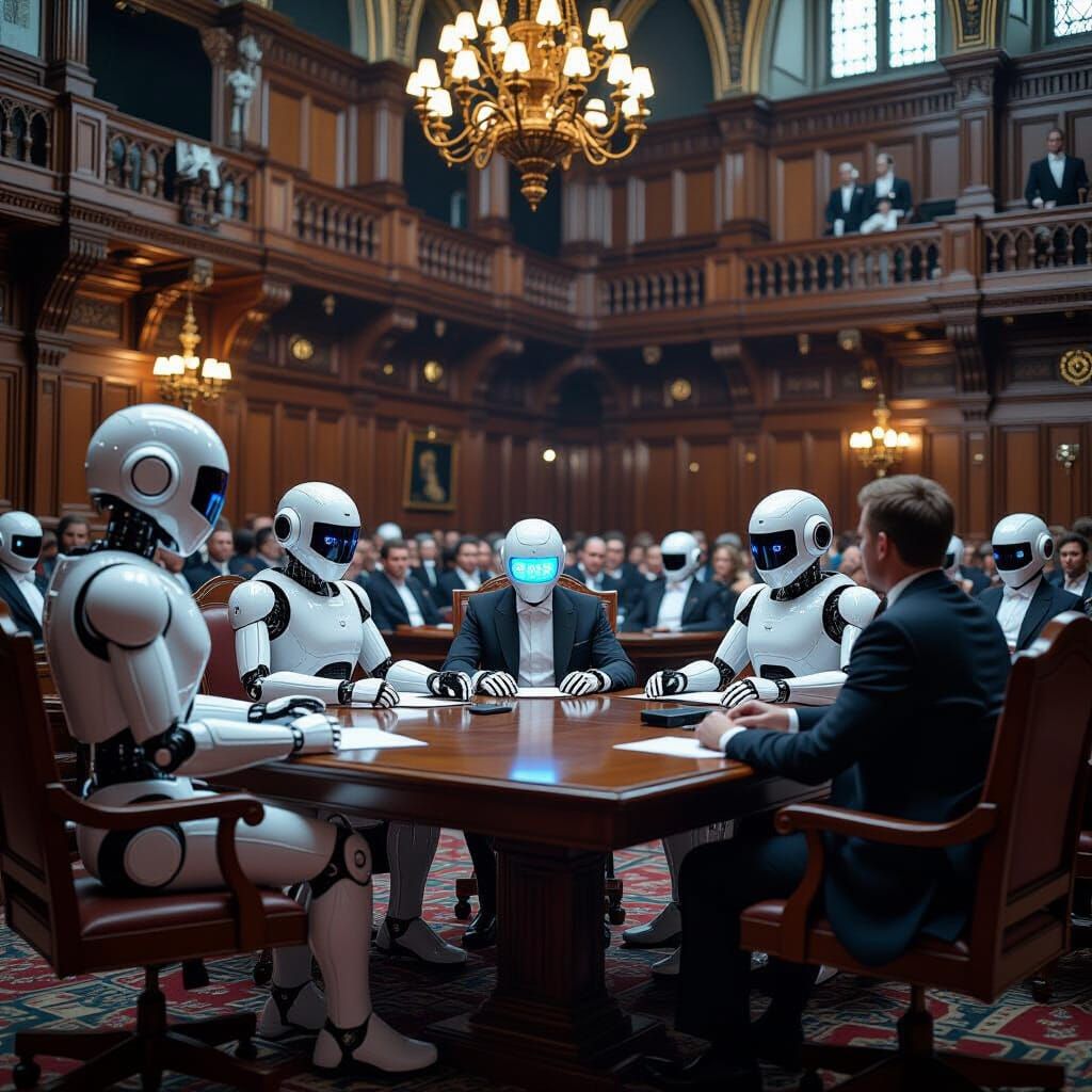Robots Debate in Parliament in Futuristic Hyper-realistic St...