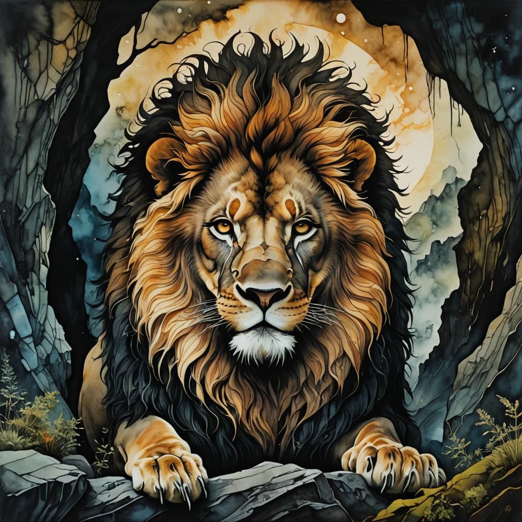 Ethereal Lion, dark cave, alcohol-ink, style of Caspar David...