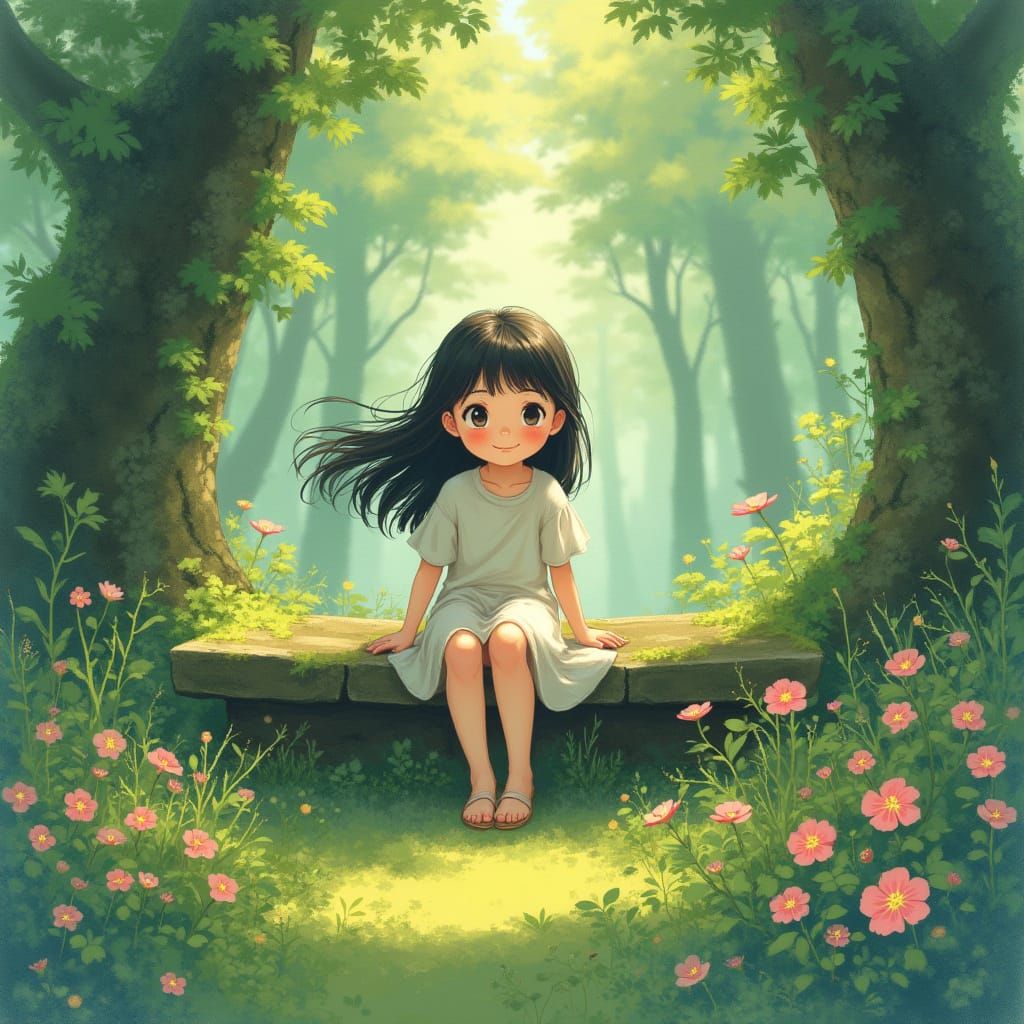 Ghibli-Inspired Dream Girl in Whimsical Forest Glade