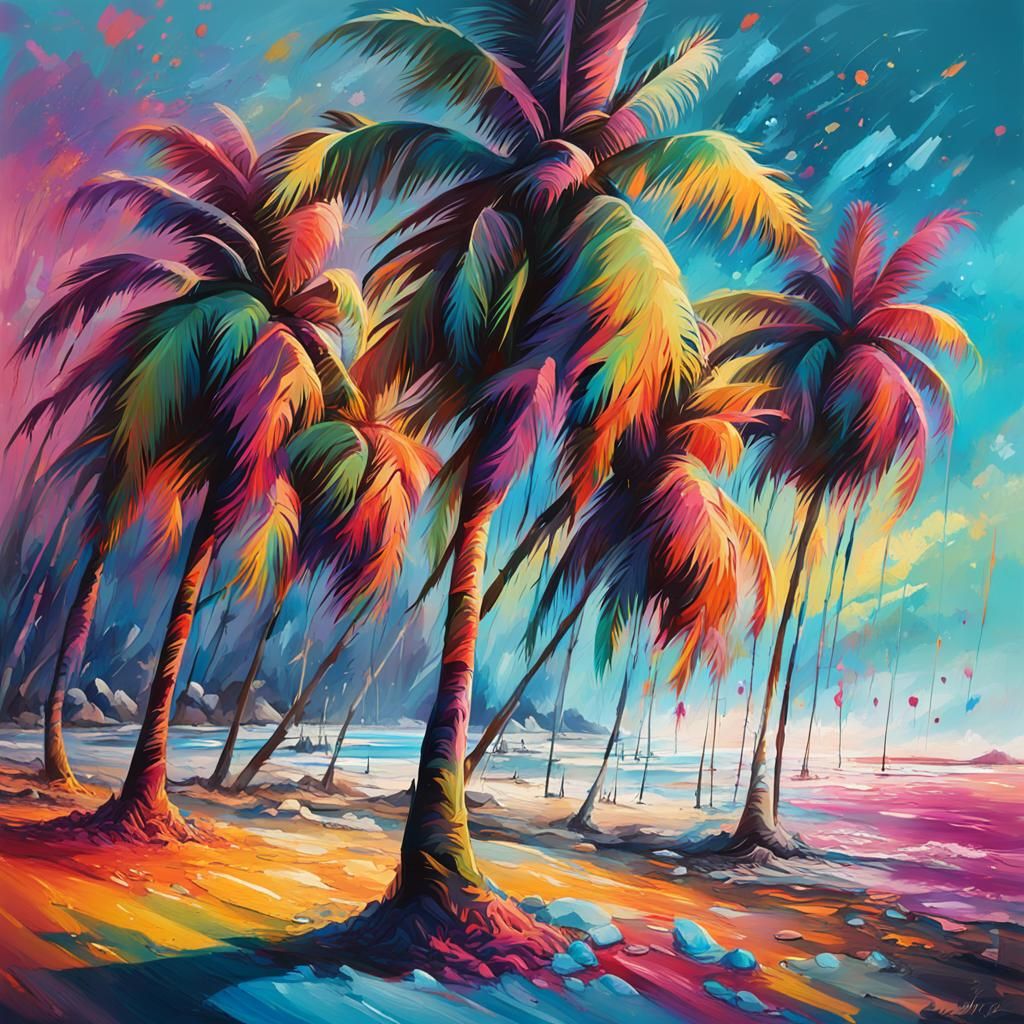 Hyperrealistic Palm Trees on Beach with Graffiti Art