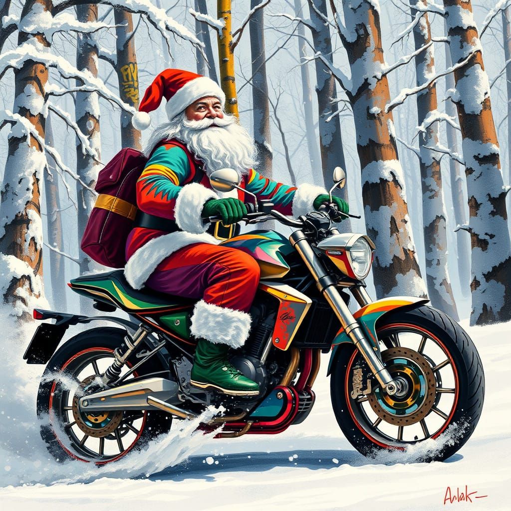 Santa Cruises Through Snowy Forest on Metallic Motorbike