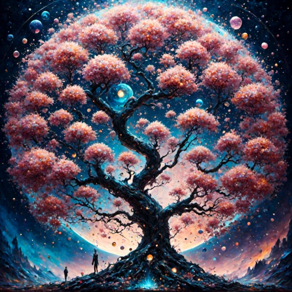 Psychedelic Cosmic Sakura Tree with Surreal Details