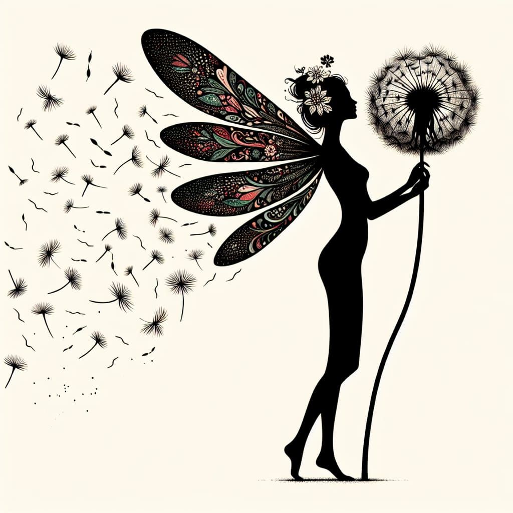 Silhouette of Woman with Dandelion and Dragonfly Wings