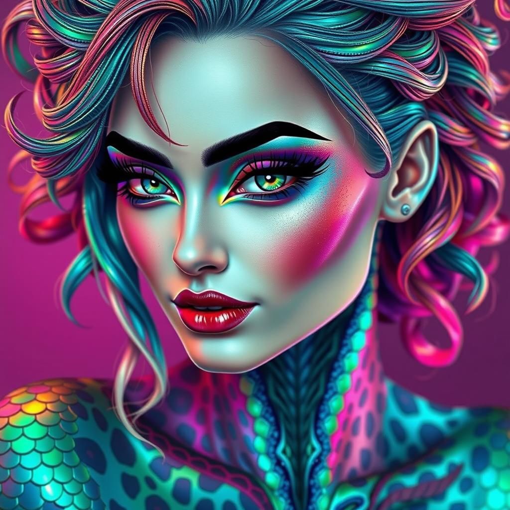 Rainbow Dragon Woman with Peacock Hair