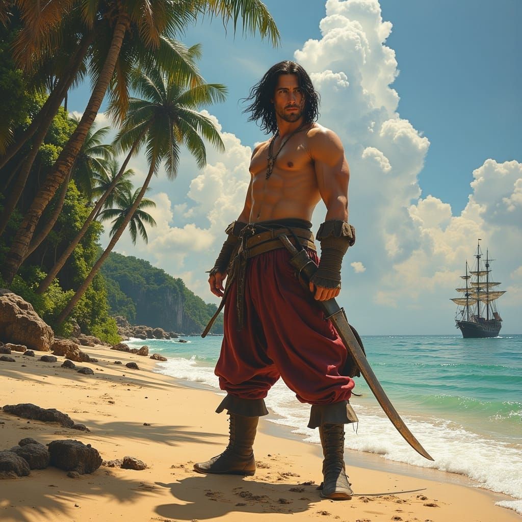Pirate in Tropical Paradise, Oil Painting