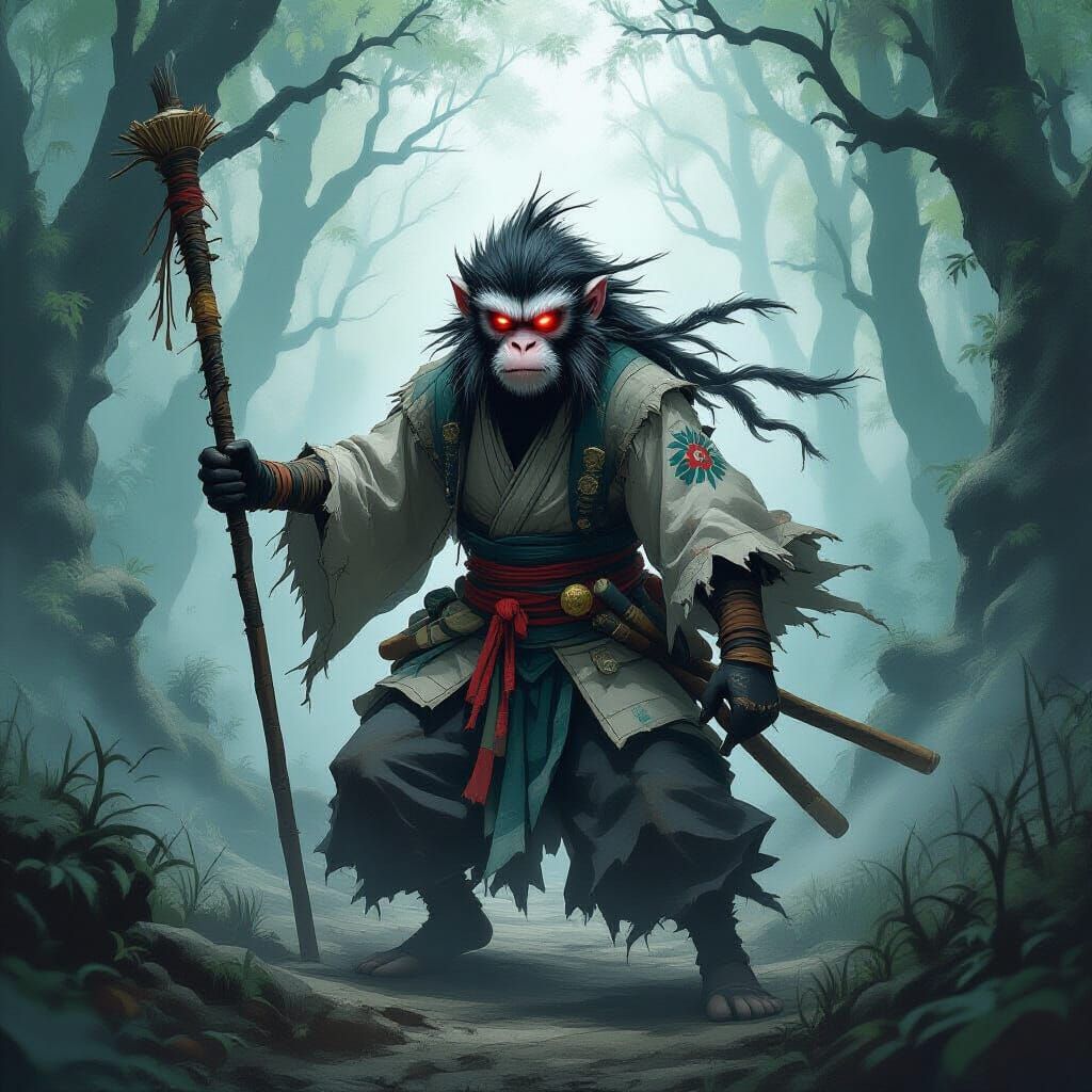 Vengeful Monkey God in Mystical Forest, Ukiyo-e Style