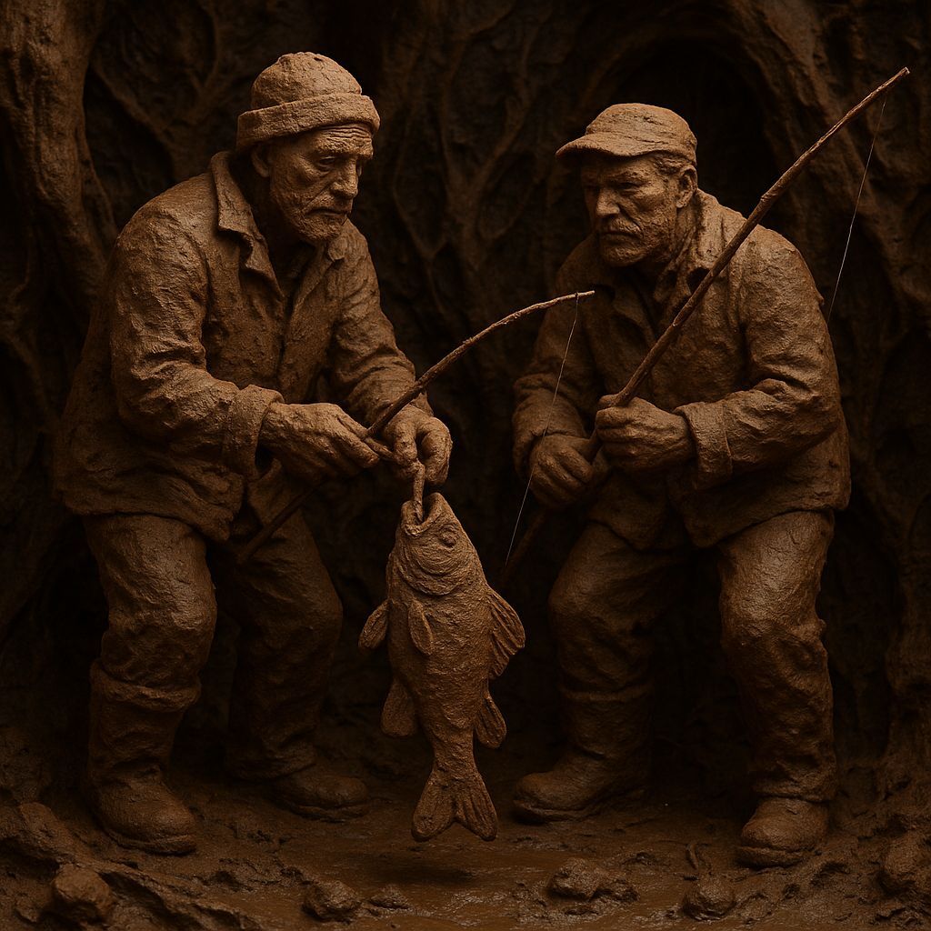 Mud Sculpture of Fishermen Pulling Fish, Gothic Atmosphere