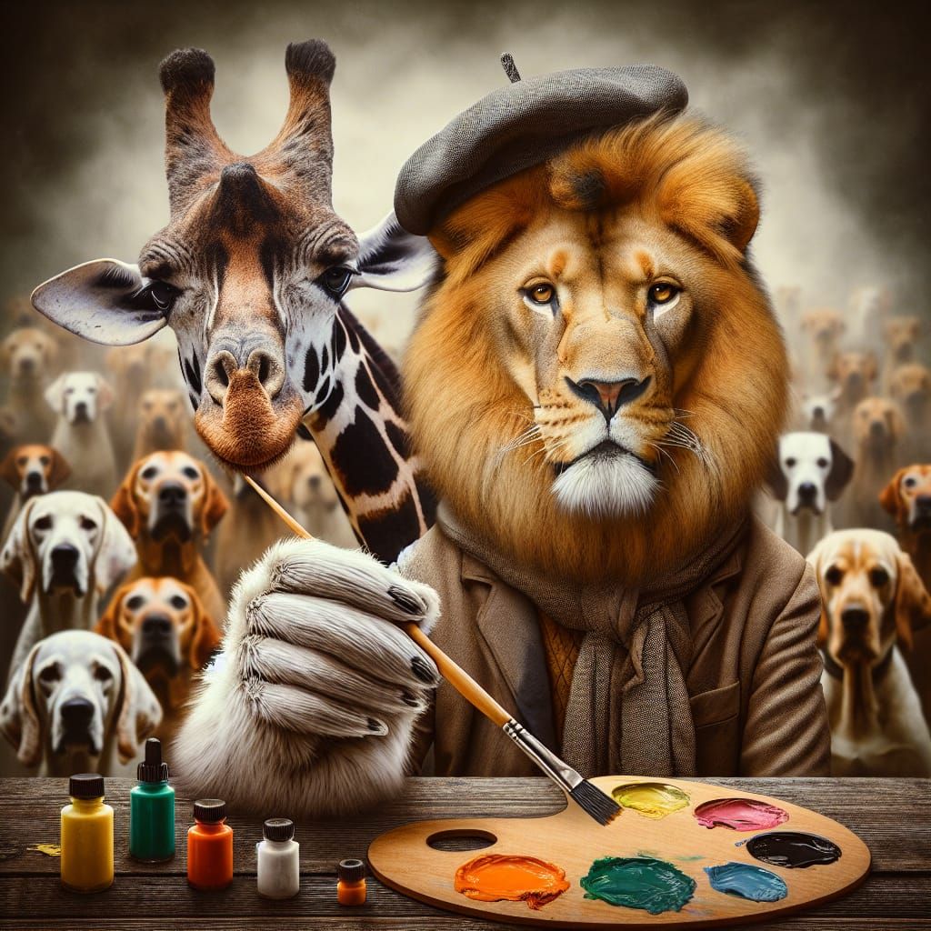 Surreal Giraffe and Lion Nail Painting Scene