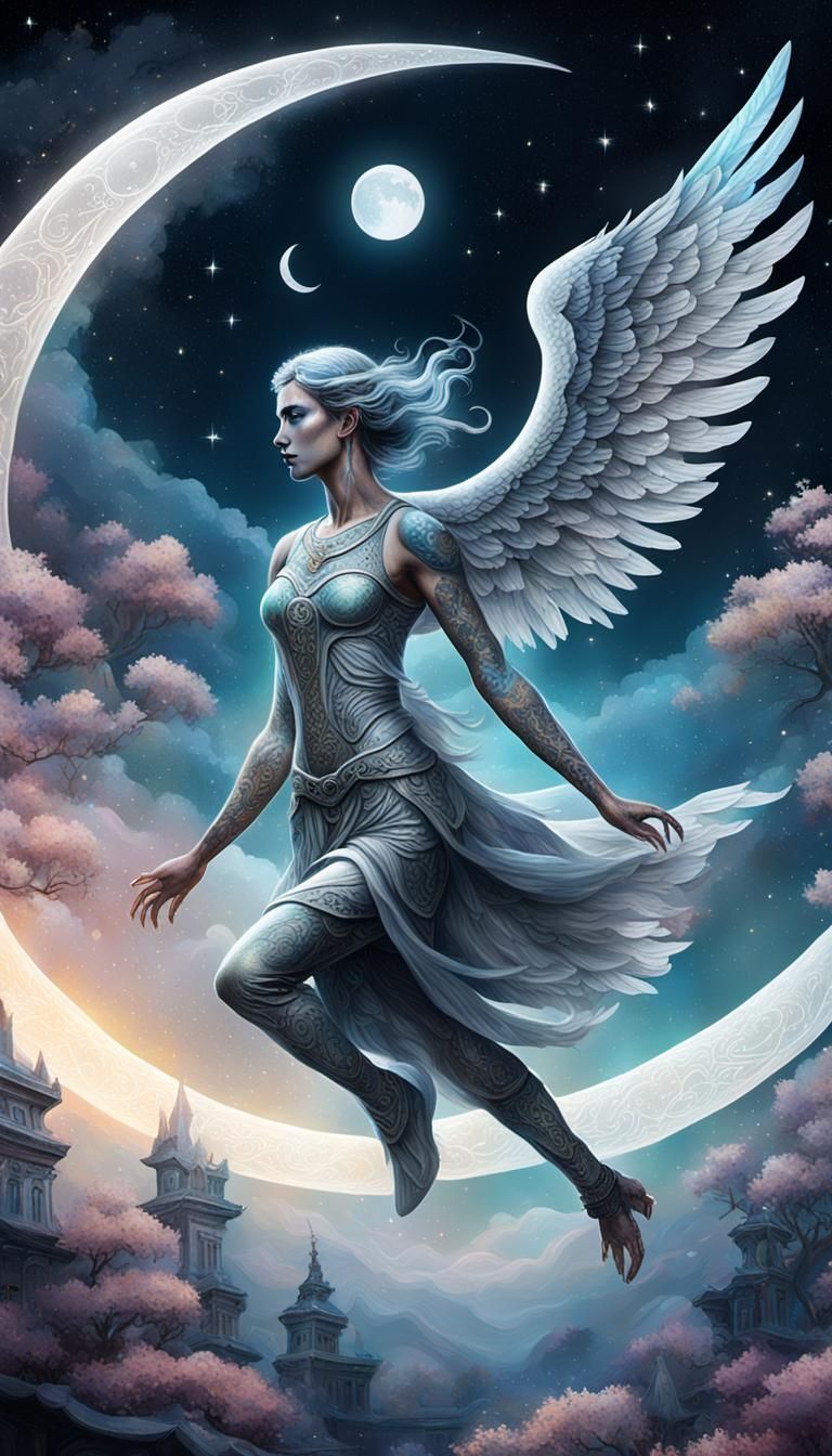 Astral Angel with Gray Wings Flies to Moon