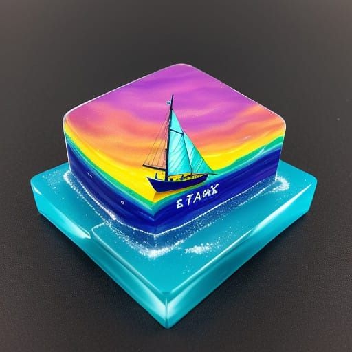 Vibrant Resin Artwork with Sailing Boat