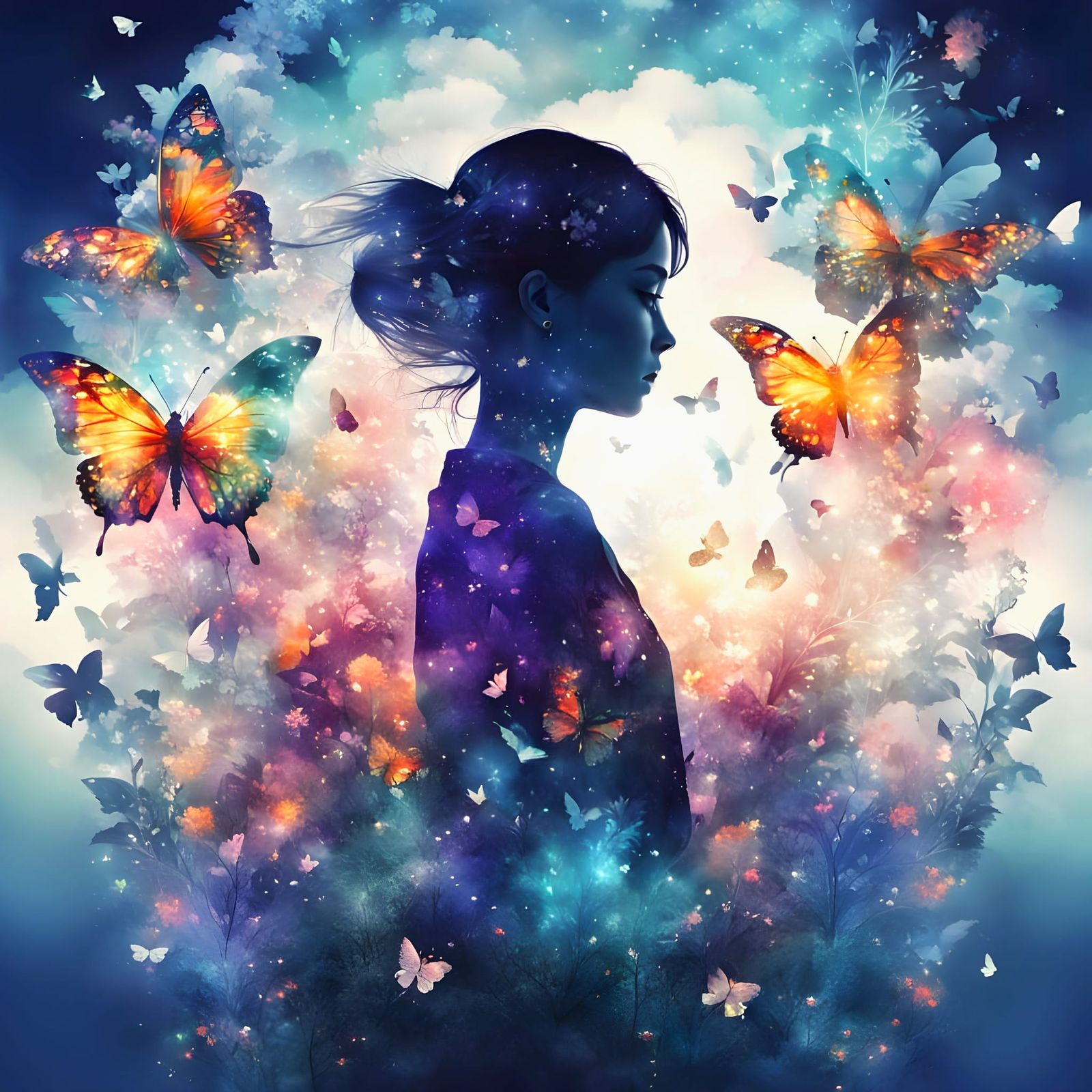 Crystal Glass Anime Goddess in Vibrant Fantasy Garden