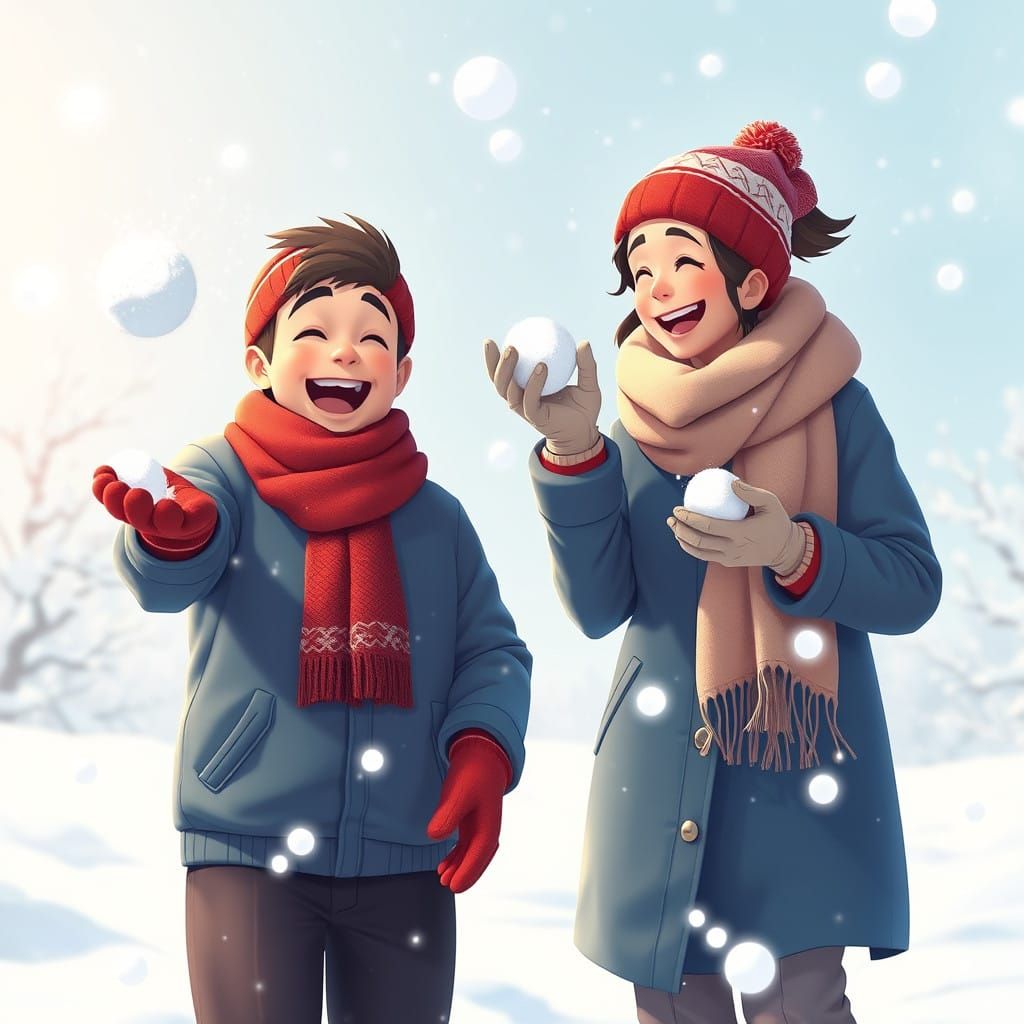 Father and Son Playfully Toss Snowballs in a Winter Wonderla...