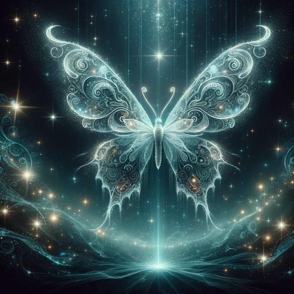 Radiant Butterfly with Tribal Designs in Dreamy Teal Glow