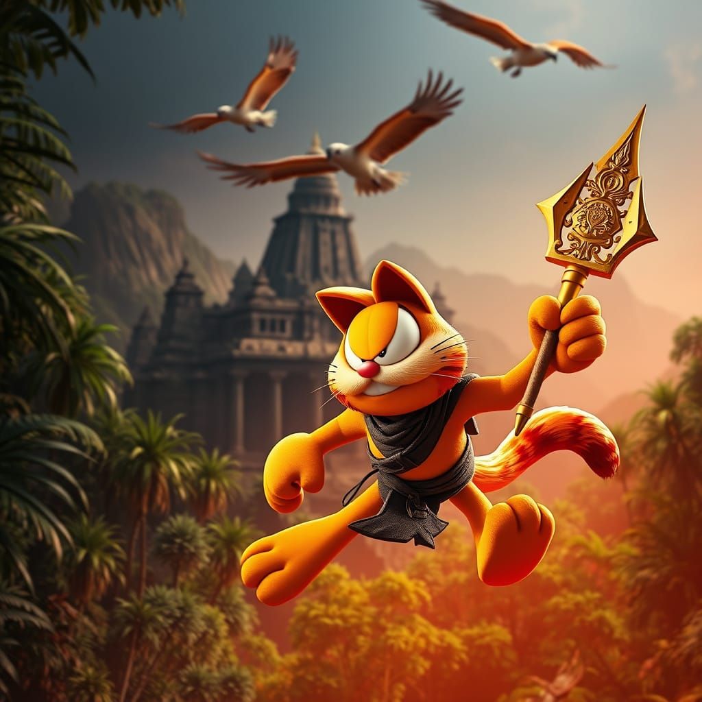 Garfield as Ninja Warrior in Jungle Temple