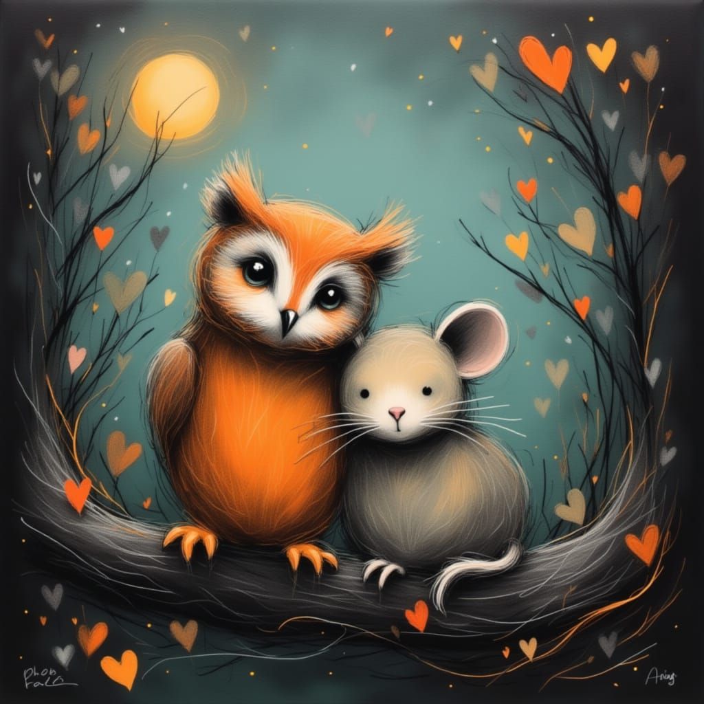 Owl and Mouse Cuddle in Moonlit Tree with Googly Eyes