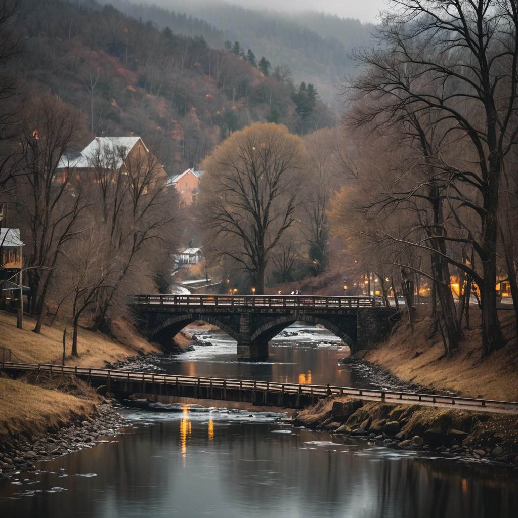 Vehicle Exits Town Over River: Professional Photography