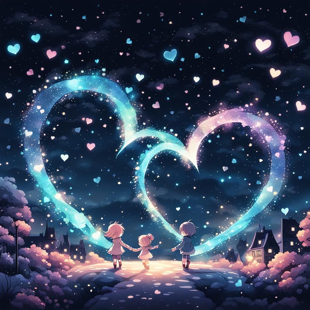 Hearts at Play: A Whimsical Anime Nightscape