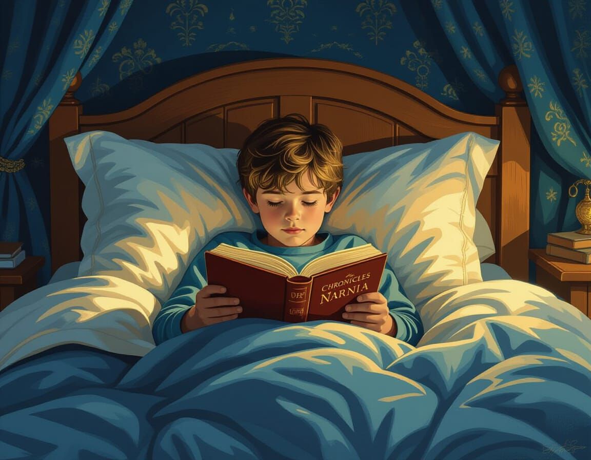 Boy Reading Narnia in Matte Painting Style