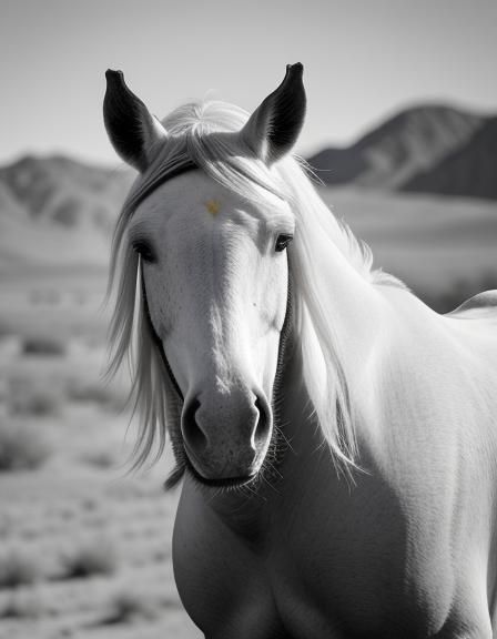 Arabian Horse in Windy Desert: Ansel Adams Style
