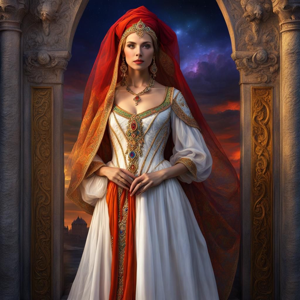 Medieval Princess in Rainbow Nightgown: Fantasy Art