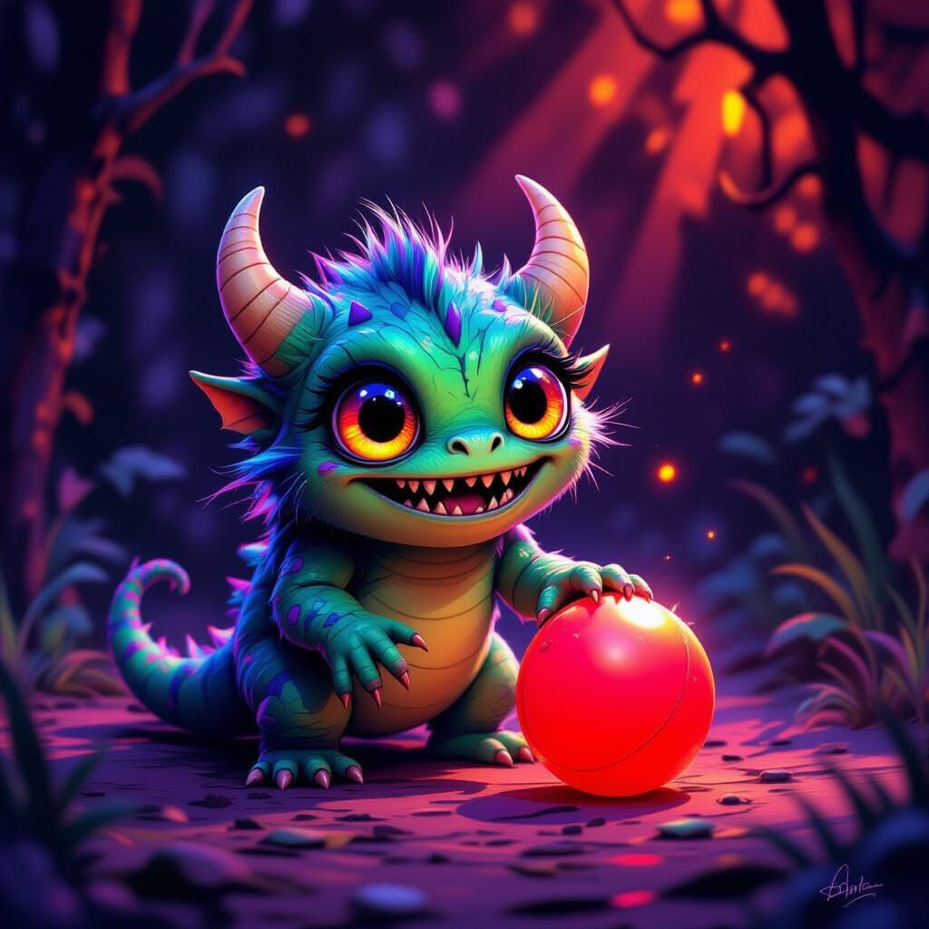 Adorable Monster Plays Ball in Moody Gothic Style