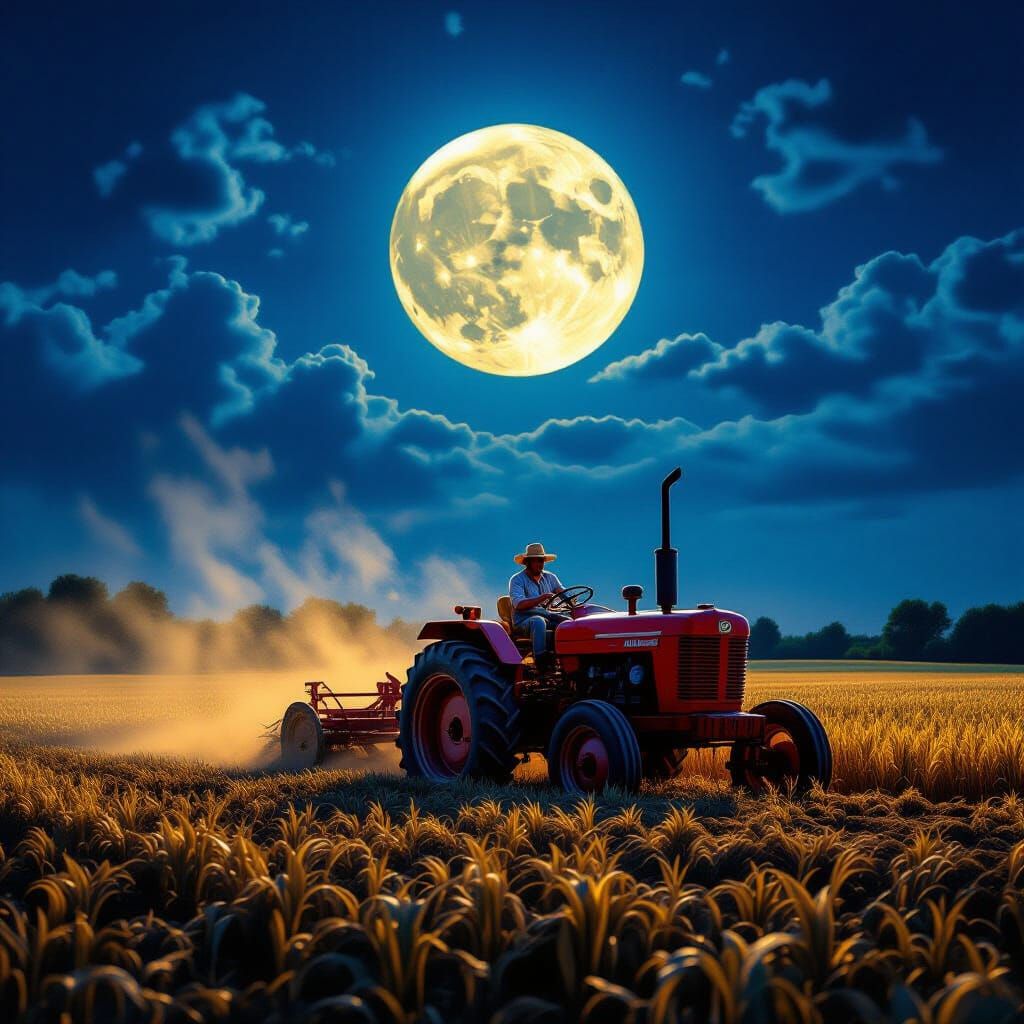 Farmer Plowing Field Under Harvest Moon, Hyperrealistic