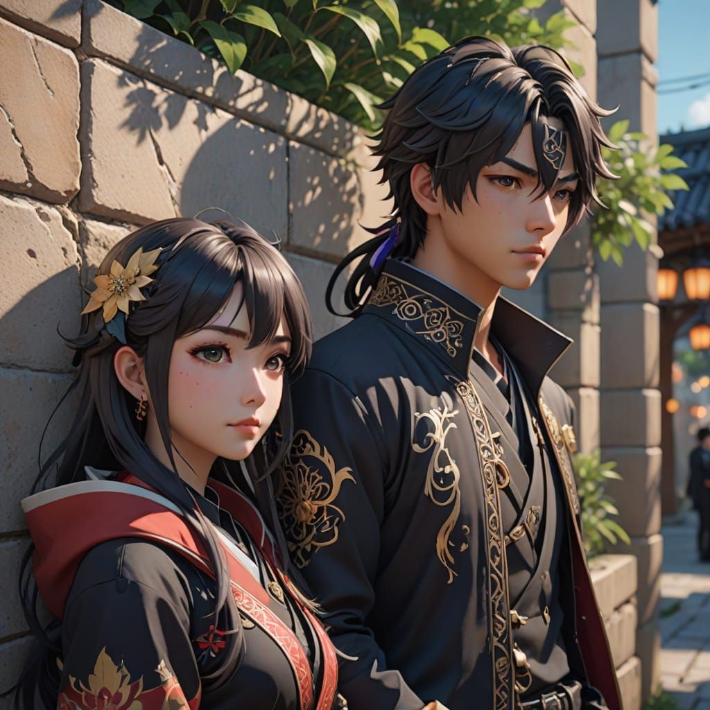 Anime Art: Friends Lean on Walls in Soft Cinematic Light